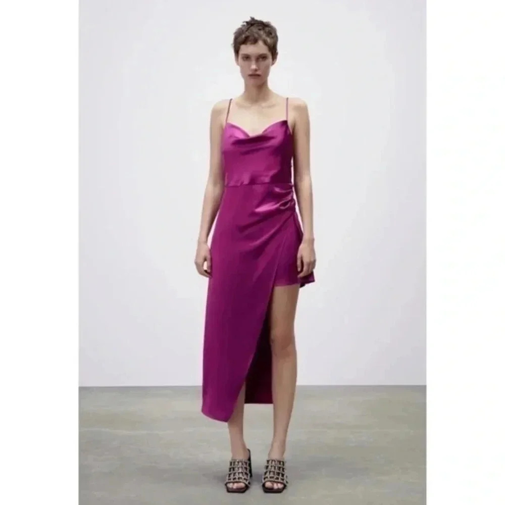 Zara Magenta Satin Effect Asymmetric Dress Size M0387/186
